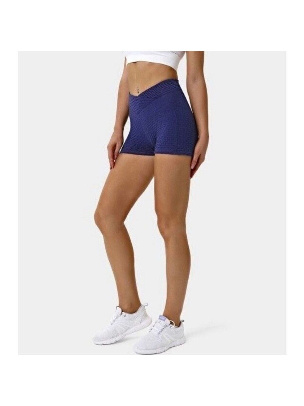 Halara Mid Rise Crossover Ruched Textured Peach Lifting Shorts in Navy Sz Large - Picture 6 of 7